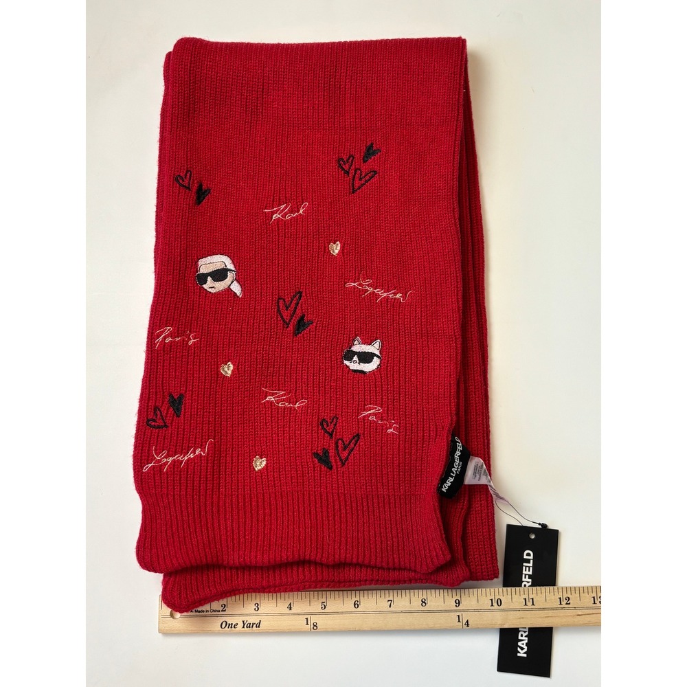 NEW Karl Lagerfeld Paris Scarf Red Novelty Embroidered Knit Ribbed L5KS8131 - Picture 7 of 7